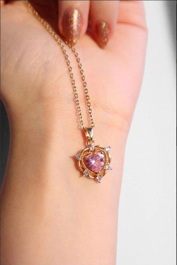 Gold Zincirli Zirkon Taşlı Pembe Kalp Heart Paslanmaz Çelik Kolye - Image 1