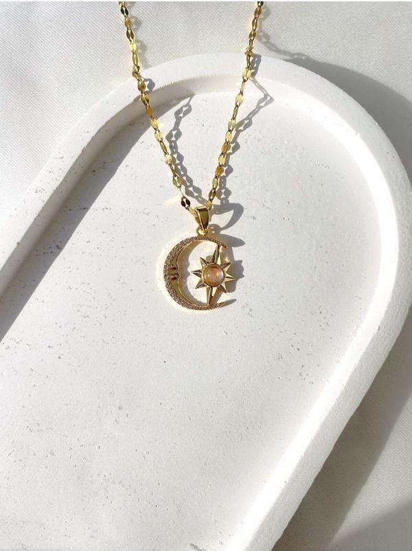 Kadın Paslanmaz Çelik Opal Taşlı Gold Hilal Yıldız Kolye Kolye Aksesuar Şık Takı - Image 1