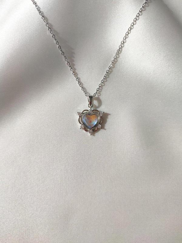 Kadın Paslanmaz Çelik Silver Opal Taşlı Kalp Kolye Hediyelik Şık - Image 1