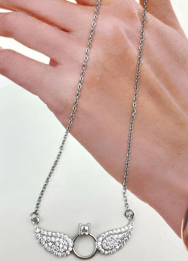 Çelik Silver Zirkon Taşlı Kanatlı Mini Yüzük Kolye Aksesuar Kadın Takı - Image 1