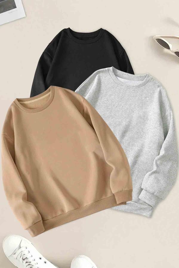 3'lu Paket Bej Gri Siyah Oversize Sweatshirt - Image 1