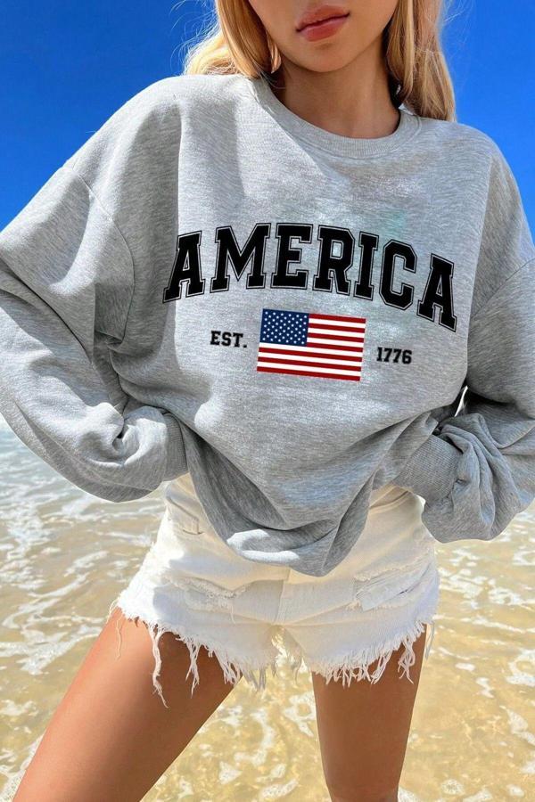 America Baskılı  Pamuklu Oversize Sweatshirt - Image 1