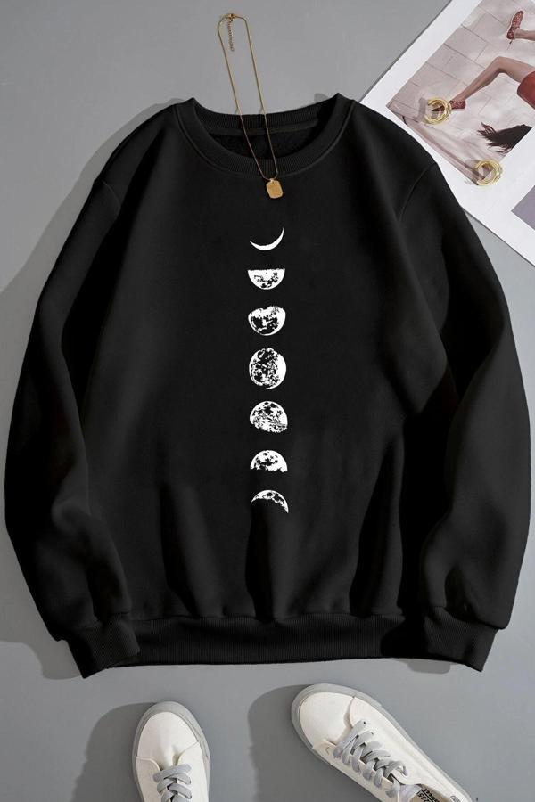 Unisex Moon Phases Bisiklet Yaka Sweatshirt - Image 1