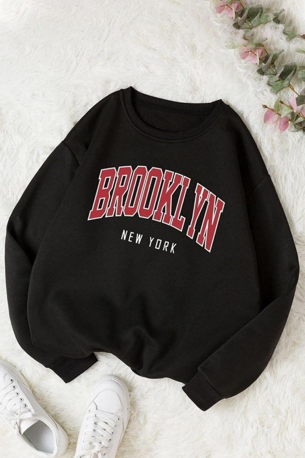 Unisex Brooklyn Baskılı Bisiklet Yaka Sweatshirt - Image 1
