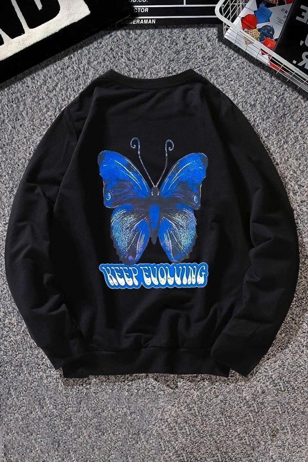 Unisex Butterfly Baskılı Bisiklet Yaka Sweatshirt - Image 1
