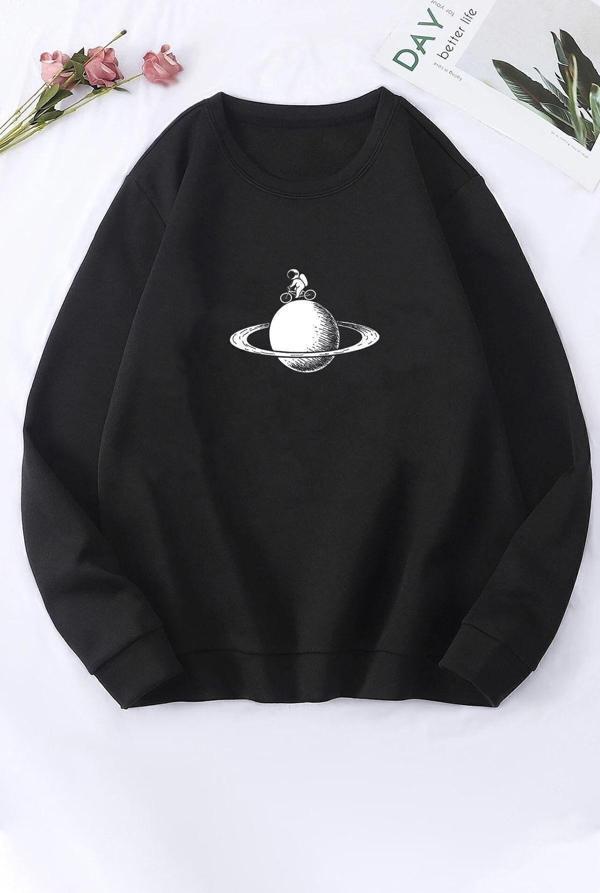 Unisex Astronaut Rides Baskılı Bisiklet Yaka Sweatshirt - Image 1