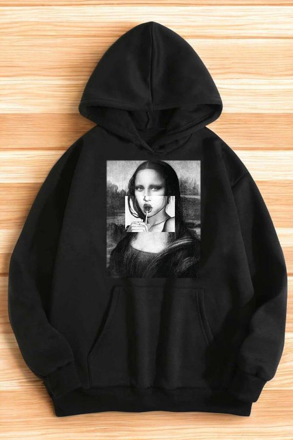 Unisex Mona Lisa Baskılı Bisiklet Yaka Sweatshirt - Image 1