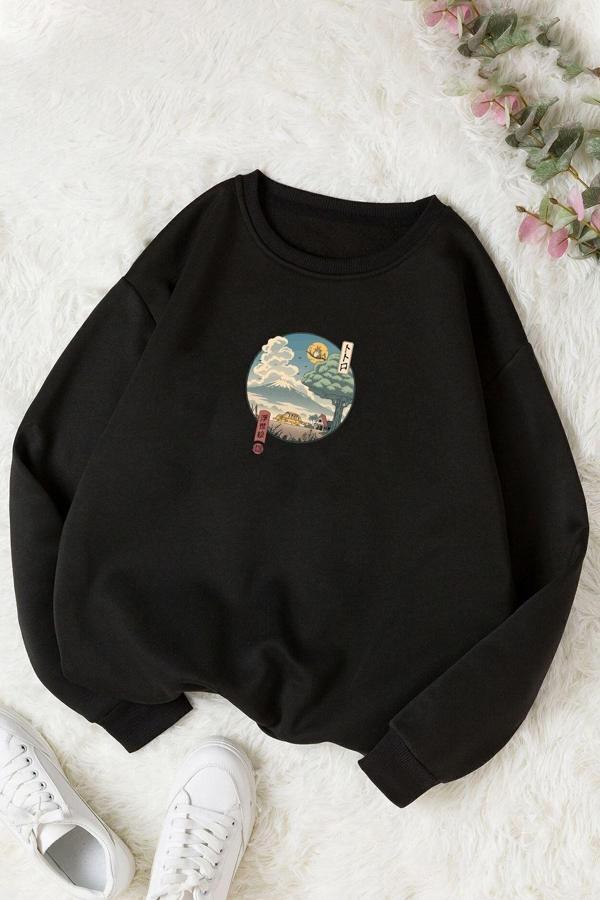 Unisex Neighbor's Ukiyo E Baskılı Bisiklet Yaka Sweatshirt - Image 1