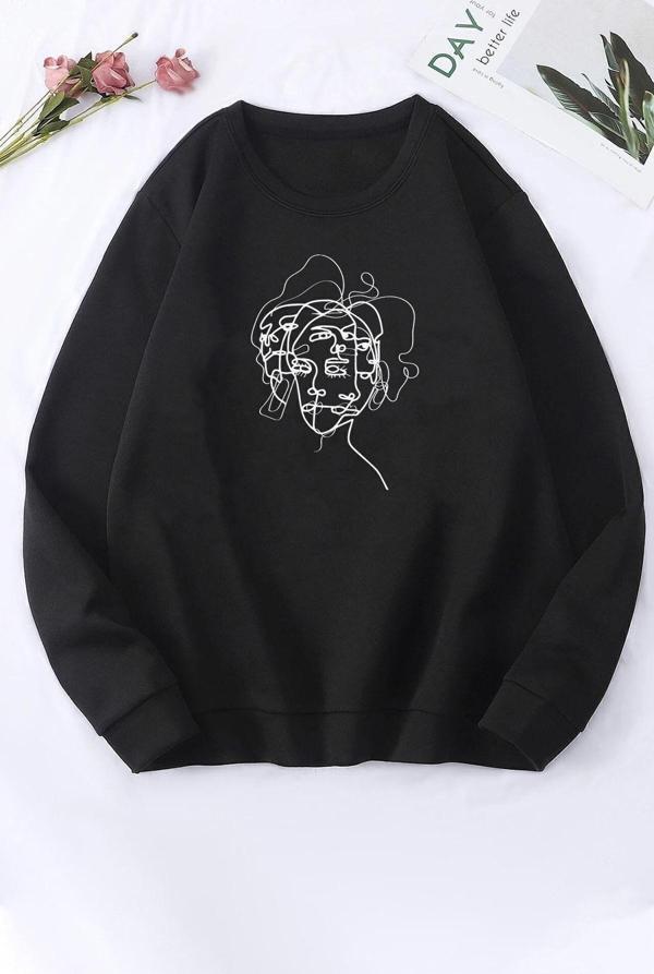 Unisex Woman One Line Baskılı Bisiklet Yaka Sweatshirt - Image 1