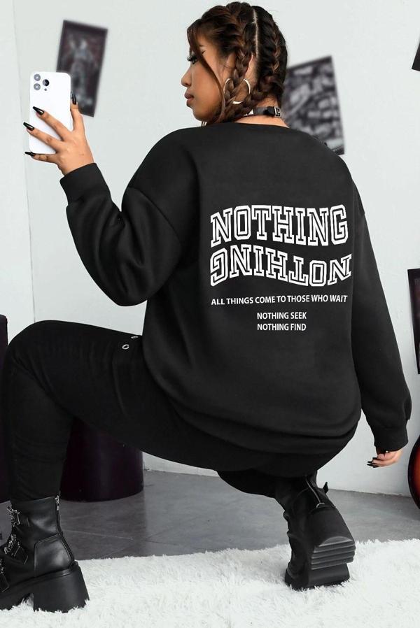 Unisex Nothing Baskılı Bisiklet Yaka Sweatshirt - Image 1