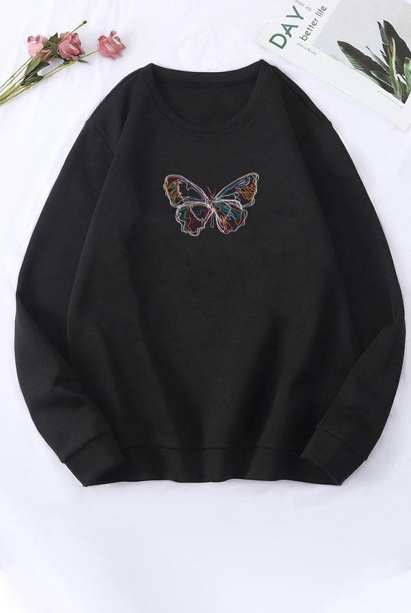 Unisex Butterfly Baskılı Bisiklet Yaka Sweatshirt - Image 1