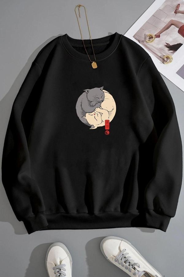 Unisex Shinobi Kedi Bisiklet Yaka Sweatshirt - Image 1