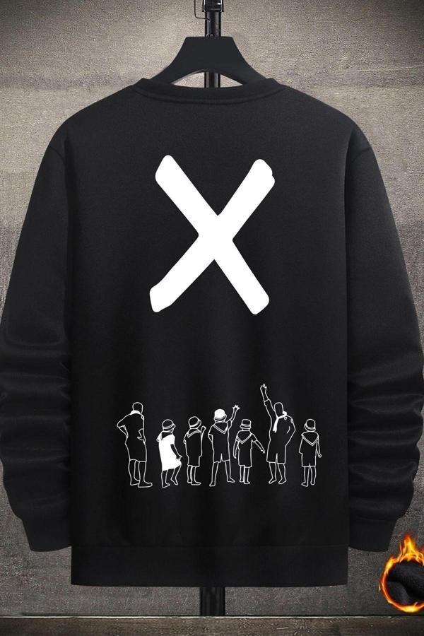 Unisex Design X Baskılı Bisiklet Yaka Sweatshirt - Image 1