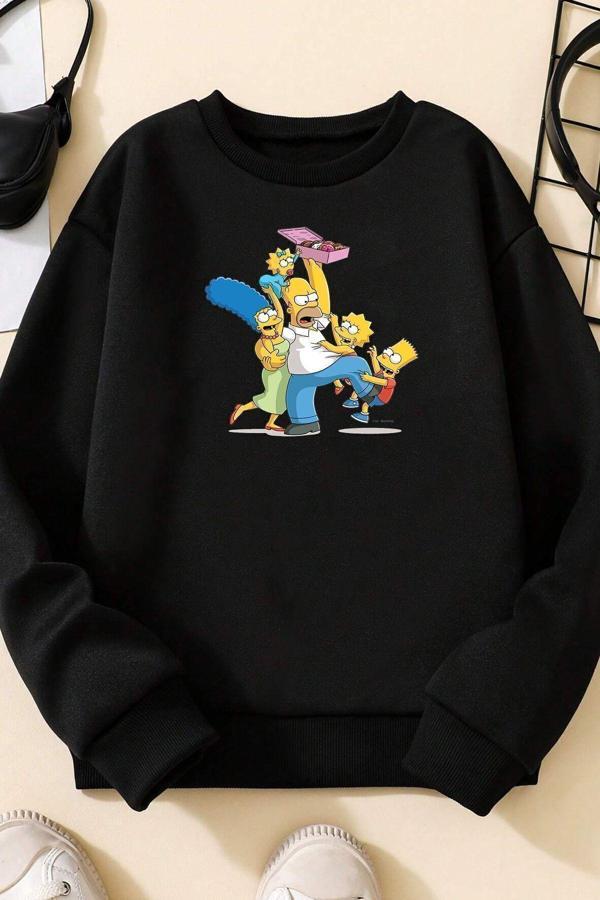 Unisex Sevimli Kedi Baskılı Bisiklet Yaka Sweatshirt - Image 1