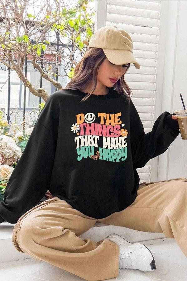 Unisex Happy Baskılı Bisiklet Yaka Sweatshirt - Image 1