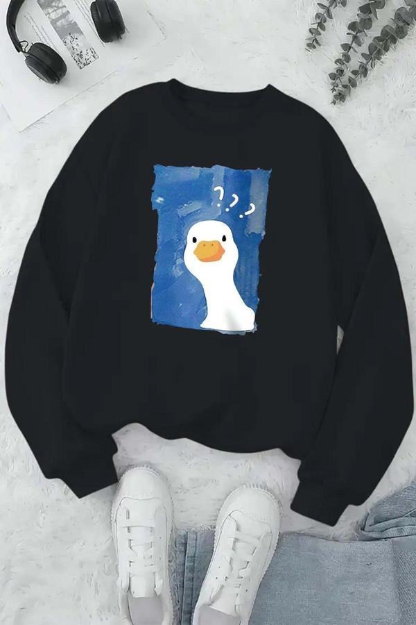 Meraklı Ördek Baskılı Oversize Sweatshirt - Image 1