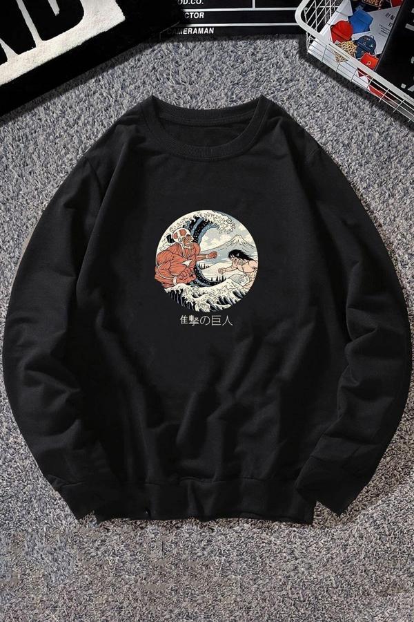 Kanagawa Oki Nami Ura Baskılı Bisiklet Yaka Sweatshirt - Image 1