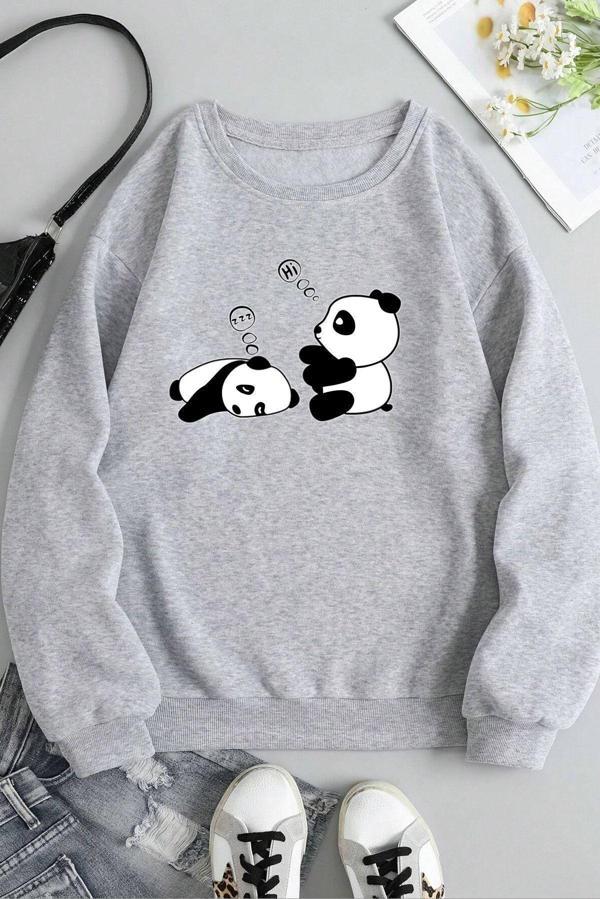 Unisex Uykucu Panda Baskılı Bisiklet Yaka Sweatshirt - Image 1