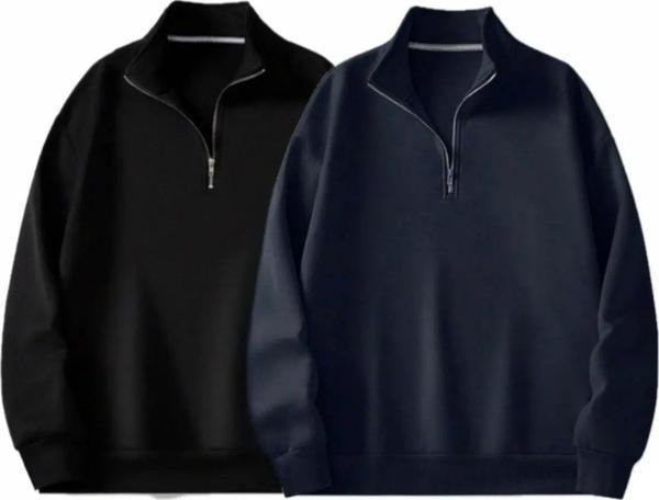 2'Lİ Paket Dik Yaka Yarım Fermuarlı Düz Kazak Sweatshirt - Image 1