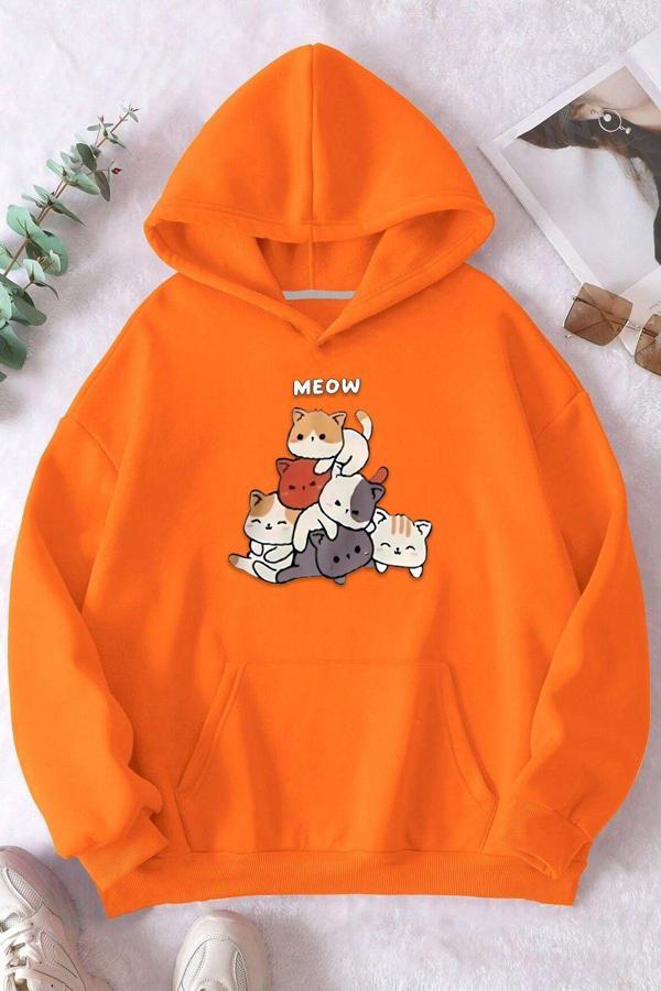 Meow Tatlı Kediler Baskılı Oversize Sweatshirt - Image 1