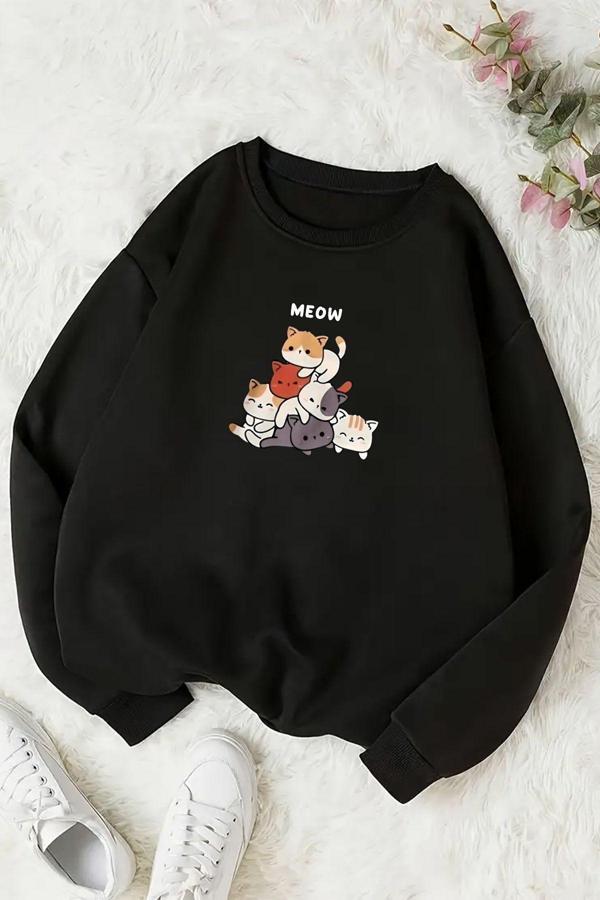 Meow Tatlı Kediler Baskılı Oversize Sweatshirt - Image 1