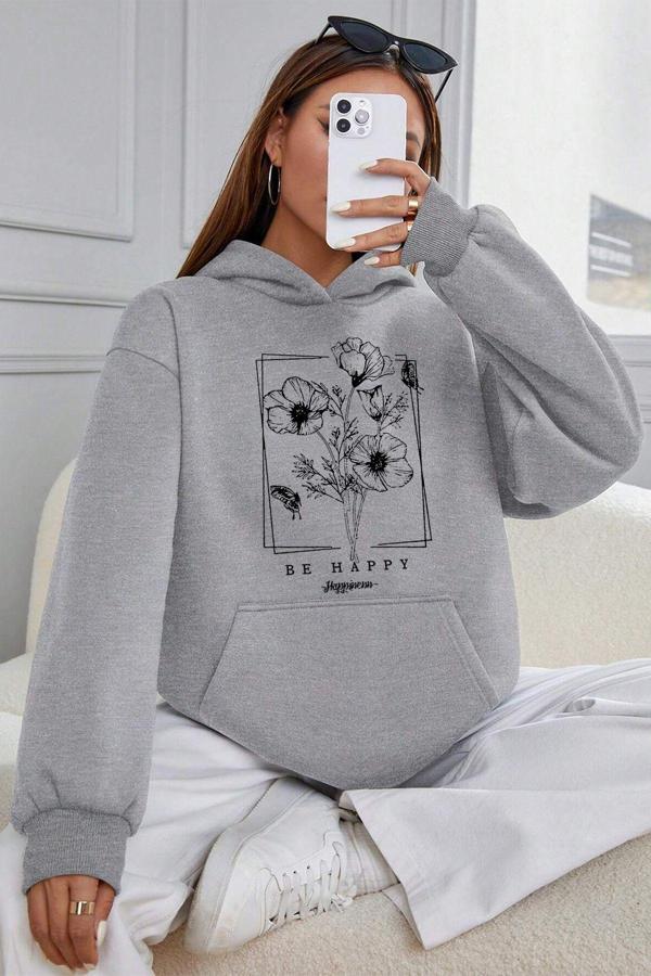 Be Happy Baskılı  Pamuklu Oversize Sweatshirt - Image 1