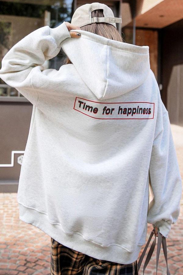 Unisex Time For Happiness Baskılı Oversize Sweatshirt - Image 1