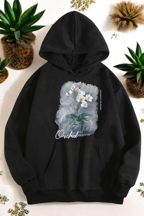 Orkide Tuval Baskılı Unisex Oversize Sweatshirt - Image 1