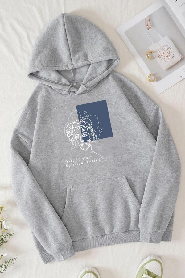 Unisex Minimal Line Drawing Baskılı Sweatshirt - Image 1