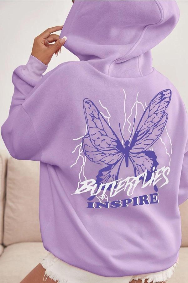 Unisex Butterfly & Letter Graphic Baskılı Sweatshirt - Image 1