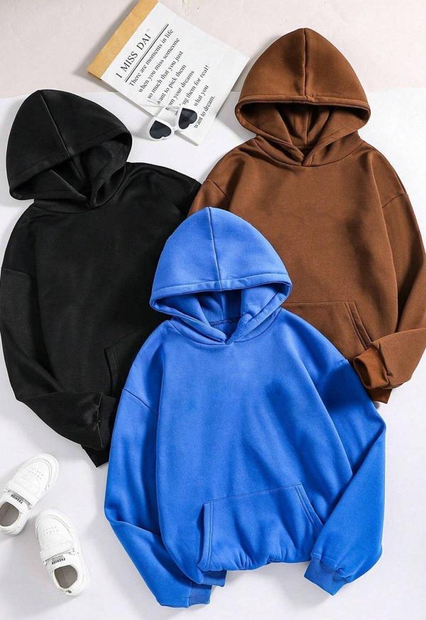 Unisex Düz 3' Lü Baskısız Kapüşonlu Oversize Sweatshirt - Image 1