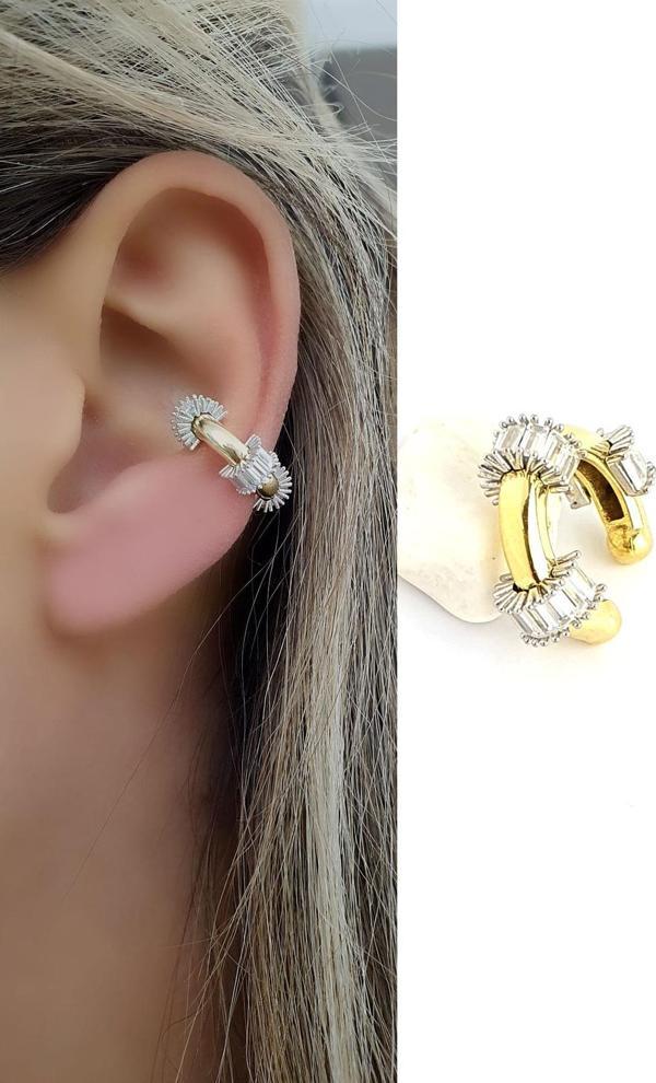 Baget Zirkon Taşlı 925ayar Gümüş Üzerine Altın Kaplama Luxury Tasarım Sıkıştırmalı Kıkırdak Küpesi  - Image 1