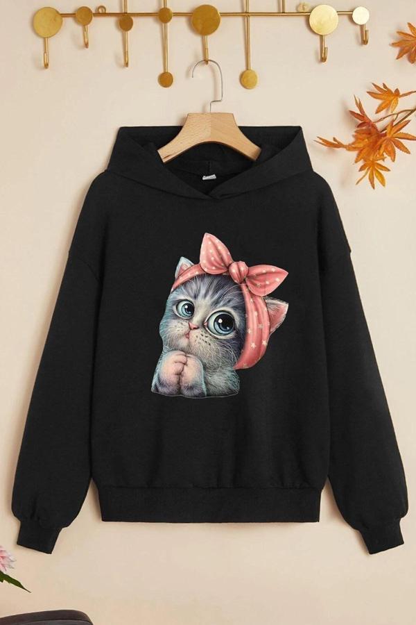 Çocuk Sevimli Kedi Baskılı Sweatshirt - Image 1