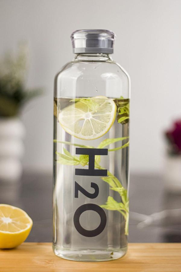 H2o Borosilikat Cam Matara Vakum Kapaklı Su Şişesi Suluk Gri 1000 ML - Image 1