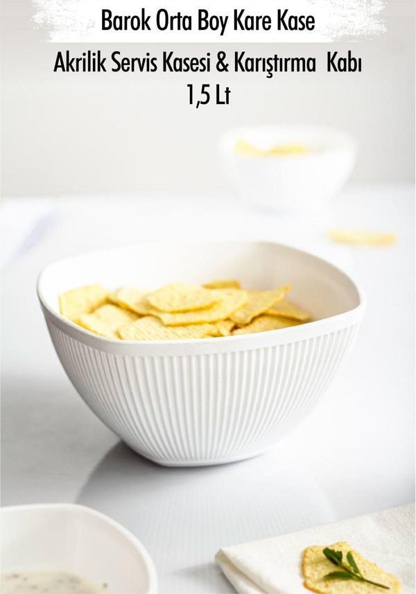 Akrilik Barok Beyaz Orta Boy Kare Meyve & Salata Kasesi & Karıştırma Kabı / 1,5 Lt  (CAM DEĞİLDİR) - Image 1