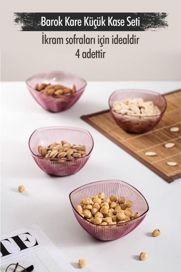 Akrilik Barok Mürdüm Kare 4'lü Küçük Kase Seti & Çerezlik & Sunumluk & İkramlık (Cam Değildir) - Image 1
