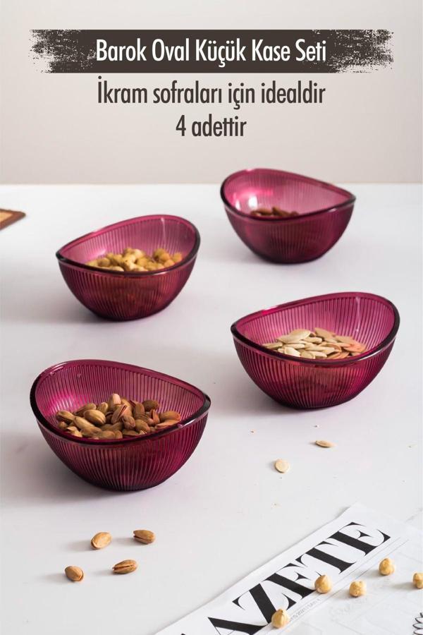Akrilik Barok Mürdüm Oval 4'lü Küçük Kase Seti & Çerezlik & Sunumluk & İkramlık(Cam Değildir) - Image 1