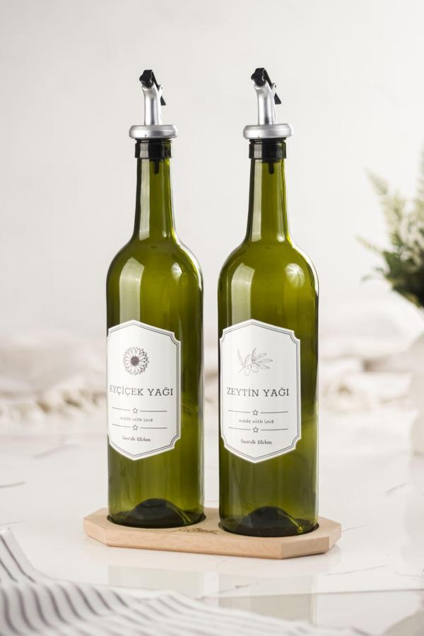 Bambu Standlı 2'li 750 ml Zeytinyağı-Sıvıyağ Şişesi Yağlık Sirkelik Seti Damlatmaz - Image 1