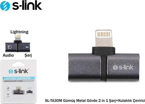 S-link SL-TA30M Lightning Gümüş Metal Gövde 2 in 1 Şarj+Kulaklık Çevirici - Image 1