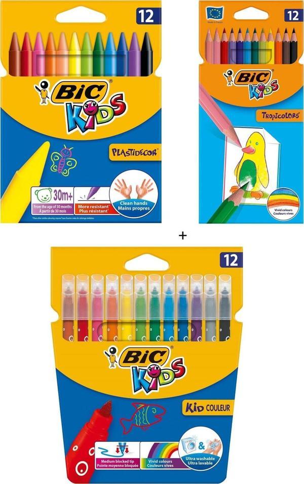 Bic Pastel Boya Kalemi 12'li + Kuru Boya Kalemi 12'li + Yıkanabilir Keçeli Boya Kalemi 12'li - Image 1