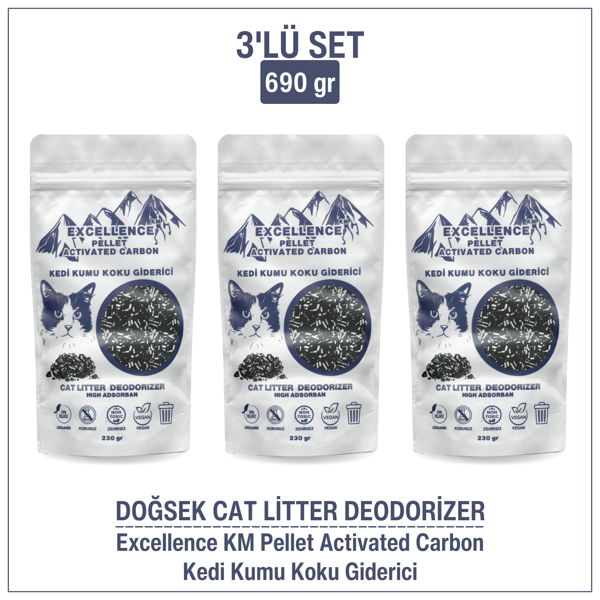 DOĞSEK Kedi Kumu Koku Giderici 3'lü Set 690gr Excellence KM Pellet Activated Carbon Kömür Bazlı Pelet Aktif Karbon - Image 1