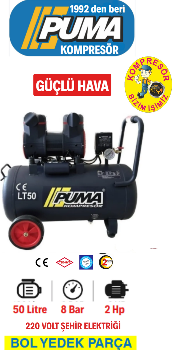 Puma 50 LT HAVA KOMPRESÖRÜ 2HP (YAĞSIZ-HIZLI DOLDURAN) - Image 1
