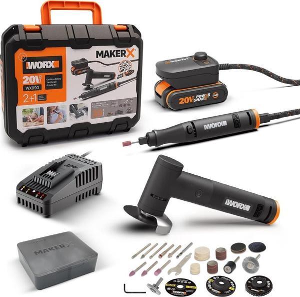 WORX WX990 MAKERX 20Volt 2.0Ah. Kömürsüz Profesyonel Kalem Tipi Devir Ayarlı Gravür + 50MM Açılı Avuç Taşlama Kombo Set  - Image 1