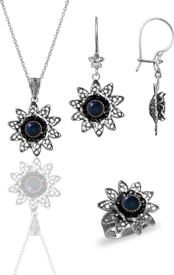 Gümüş safir taşlı nilüfer modeli telkari işlemeli kolye küpe ve yüzük üçlü set - Image 1