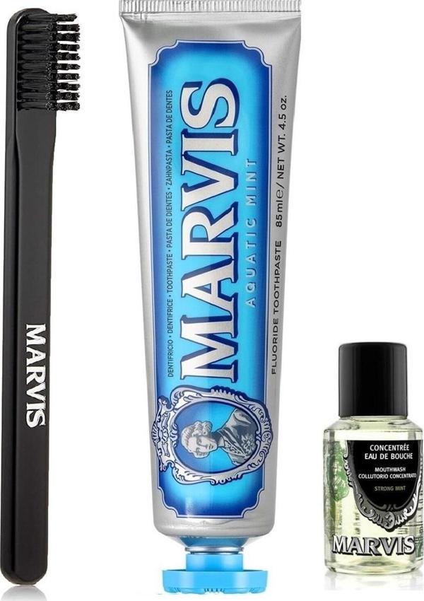 Marvis Aquatic Mint Diş Macunu 85 Ml + Orta Sert Diş Fırçası +  Ağız Gargarası 30 Ml 3 Lü Bakım Seti - Image 1