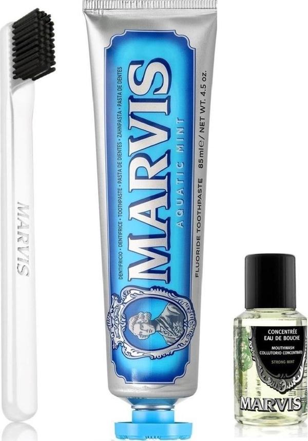 Marvis Aquatic Mint Diş Macunu 85 Ml + Yumuşak Diş Fırçası + Konsantre Ağız Gargarası 30 Ml 3 Lü Bakım Seti - Image 1