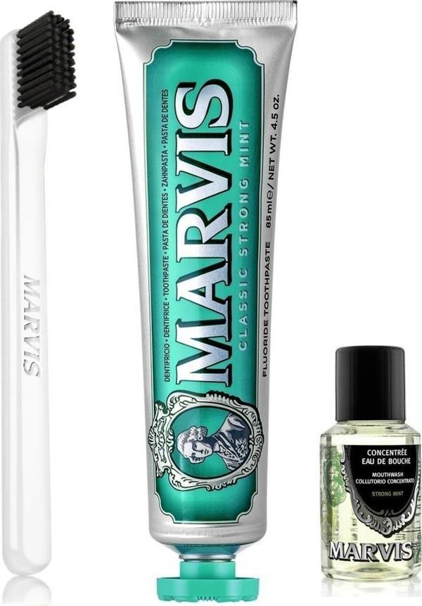 Marvis Classic Strong Mint Yoğun Naneli Diş Macunu 85Ml + Yumuşak Diş Fırçası+Ağız Suyu 30Ml 3Lü Bakım Seti - Image 1