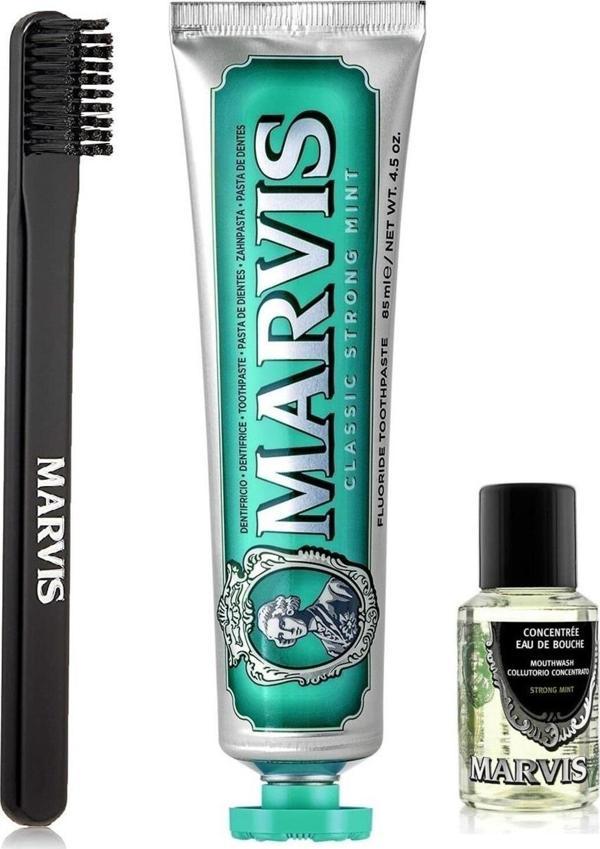 Marvis Classic Strong Mint Yoğun Naneli Diş Macunu 85Ml+Orta Diş Fırçası+Ağız Gargarası 30Ml 3Lü Bakım Seti - Image 1