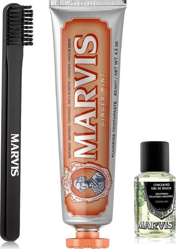 Marvis Ginger Mint Zencefilli Diş Macunu 85 Ml+Orta Sert Diş Fırçası+Ağız Gargarası 30 Ml 3 Lü Bakım Seti - Image 1