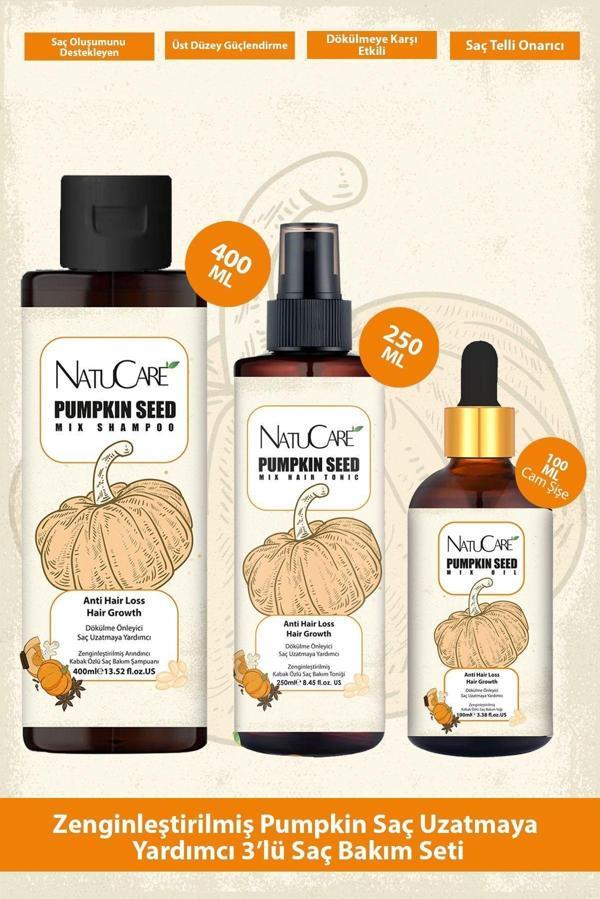 NatuCare Hızlı Uzamaya Yardımcı Zenginleştirilmiş Pumpkin (Kabak Çekirdeği Özlü) 3'Lü Saç Bakım Seti - Image 1